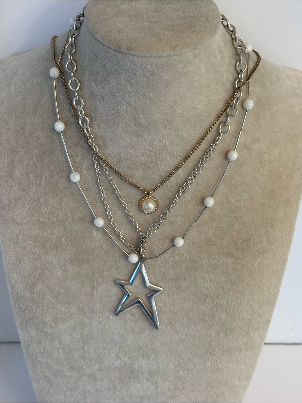 Celestial Star Necklace Mixed Metal Layered White Bead Statement Necklace